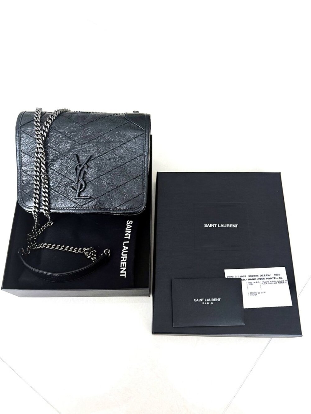SAINT LAURENT Niki Chain Crossbody Mini Bag in Black Crinkled Leather